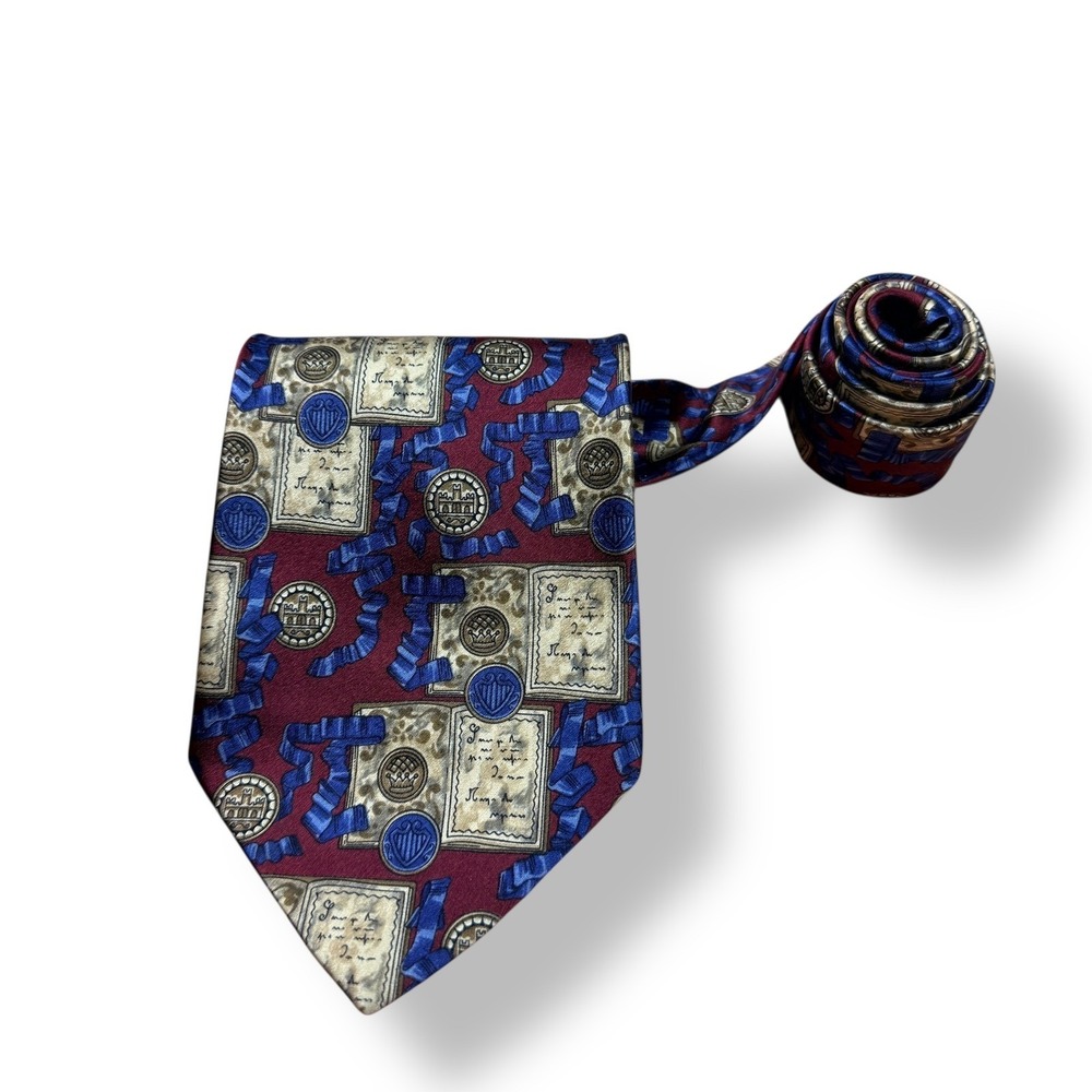 Kieselstein Cord Burgundy Blue Geometric Silk Mens Necktie Made in Italy 3.75x57